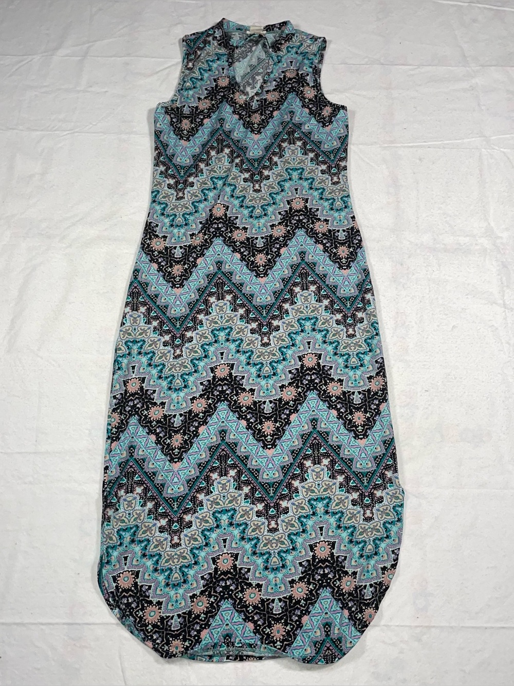 Ultra Flirt L Blue Multi Pattern Chevron V Neck Side Slit Soft Tank Dress